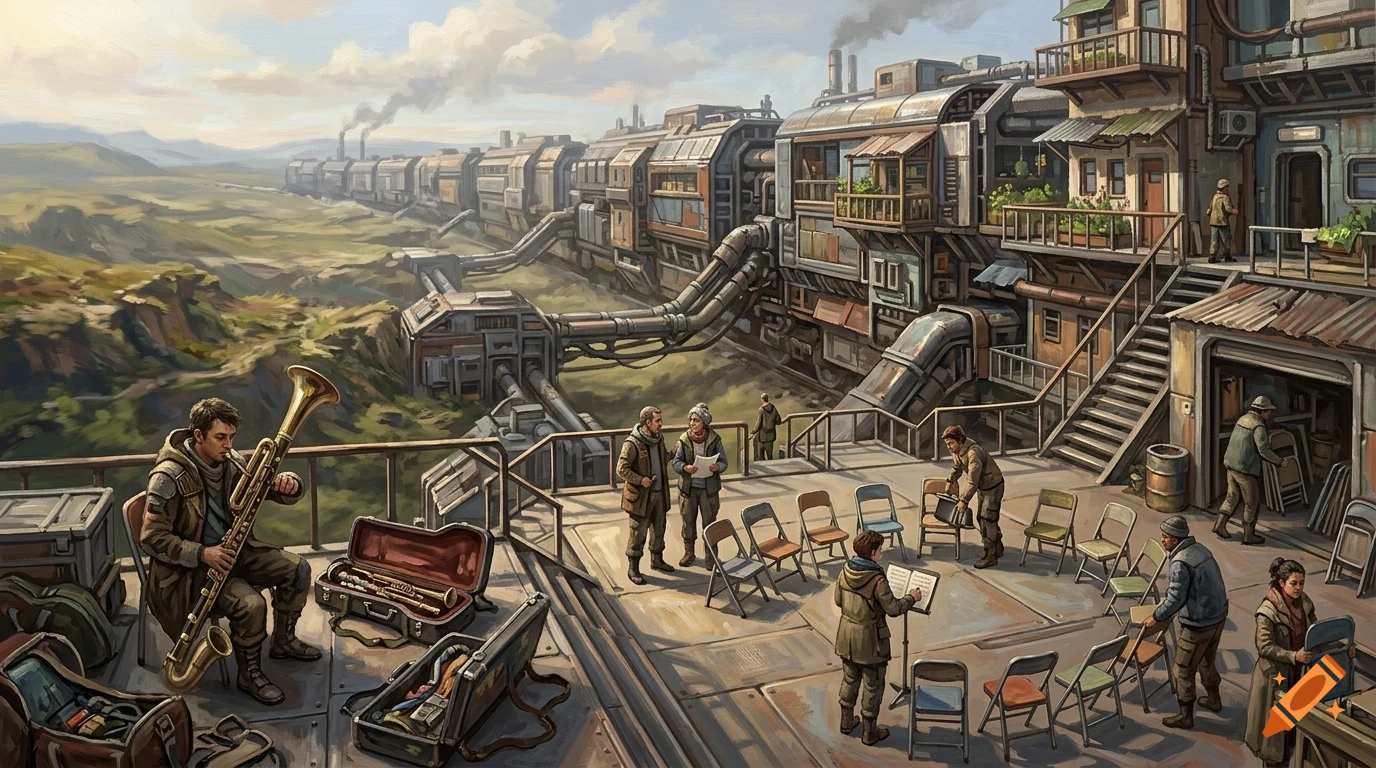 An illustration of people setting up chairs on a balcony overlooking a massive industrial train rolling through a valley.