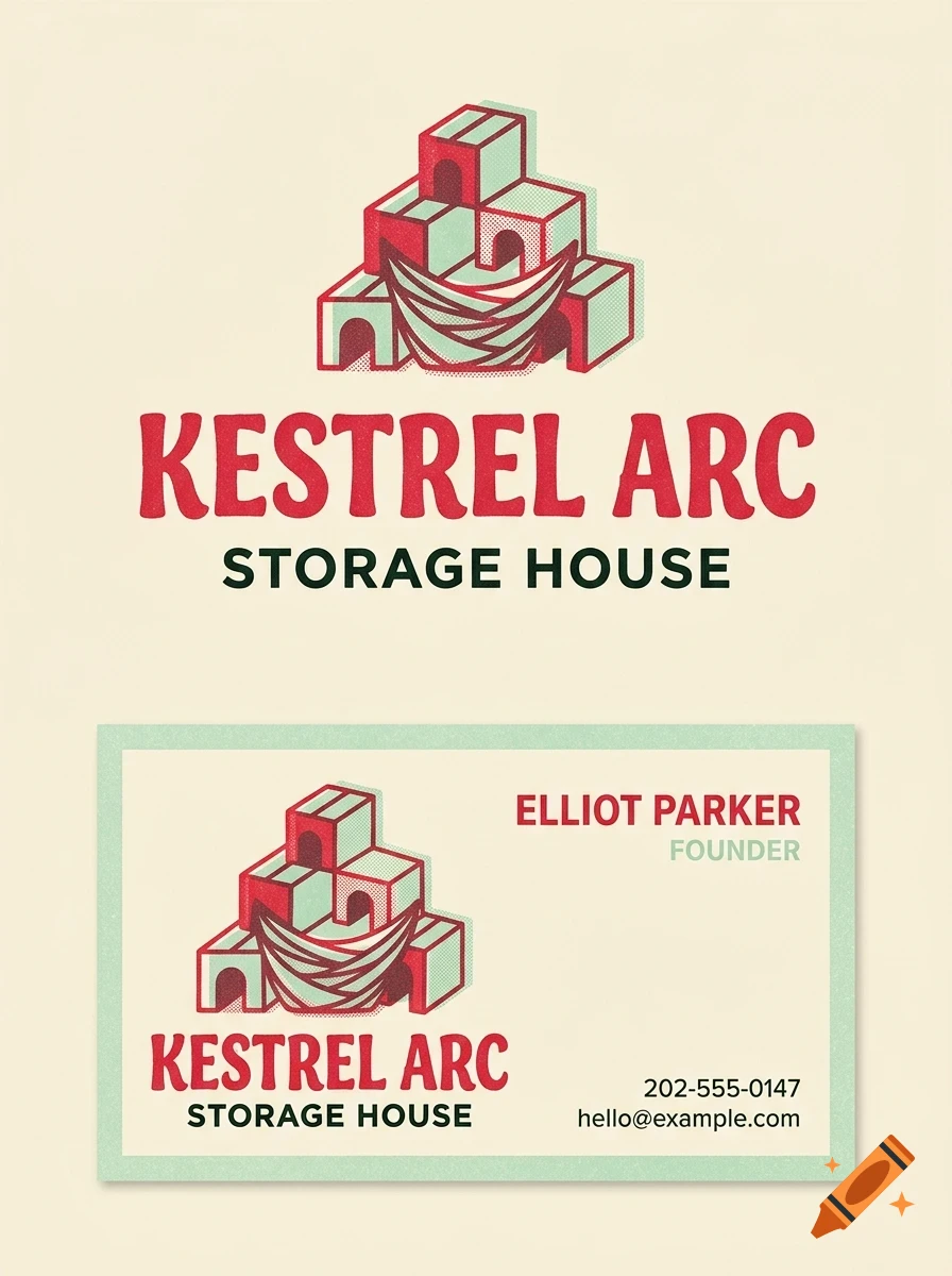 A logo and business card for Kestrel Arc Storage House featuring a stack of block houses and a nest design, with the name Elliot Parker and contact details.