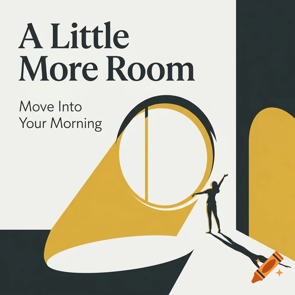 An illustrated graphic with text reading A Little More Room and Move Into Your Morning, showing a silhouetted figure reaching out into a beam of light from a round window.