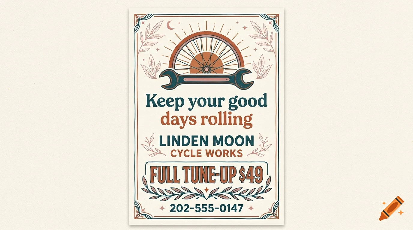 Vintage style poster for Linden Moon Cycle Works featuring a bicycle wheel, wrench, and lettering reading Keep your good days rolling.