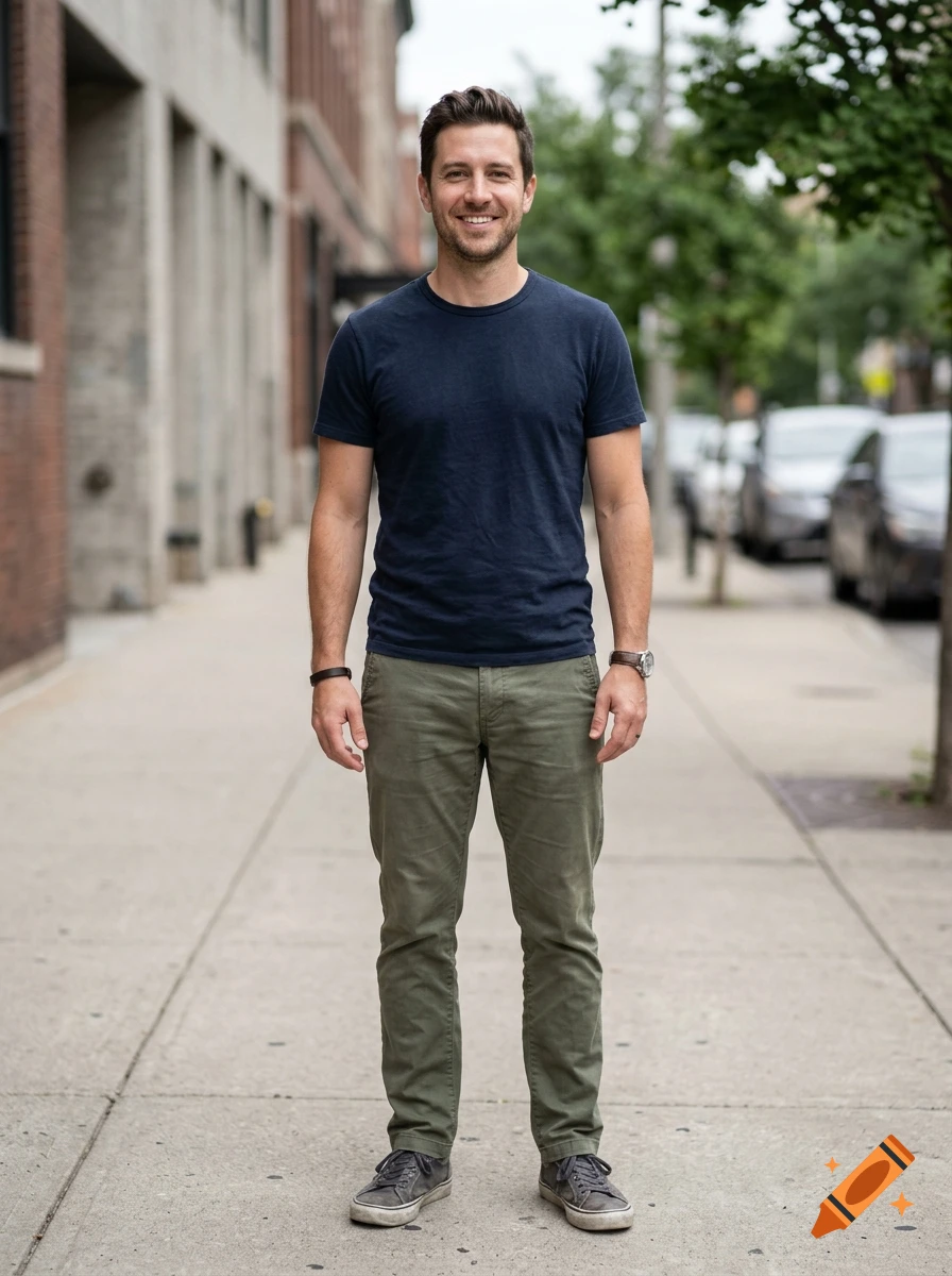 Photorealistic full-body portrait of a smiling man standing on a city sidewalk.