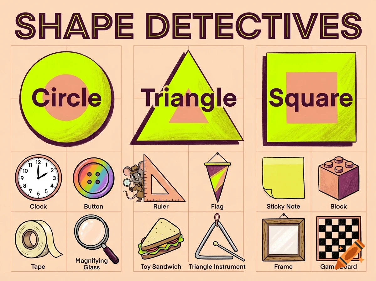 An educational poster titled Shape Detectives displaying shapes like a circle, triangle, and square alongside everyday objects corresponding to those shapes.