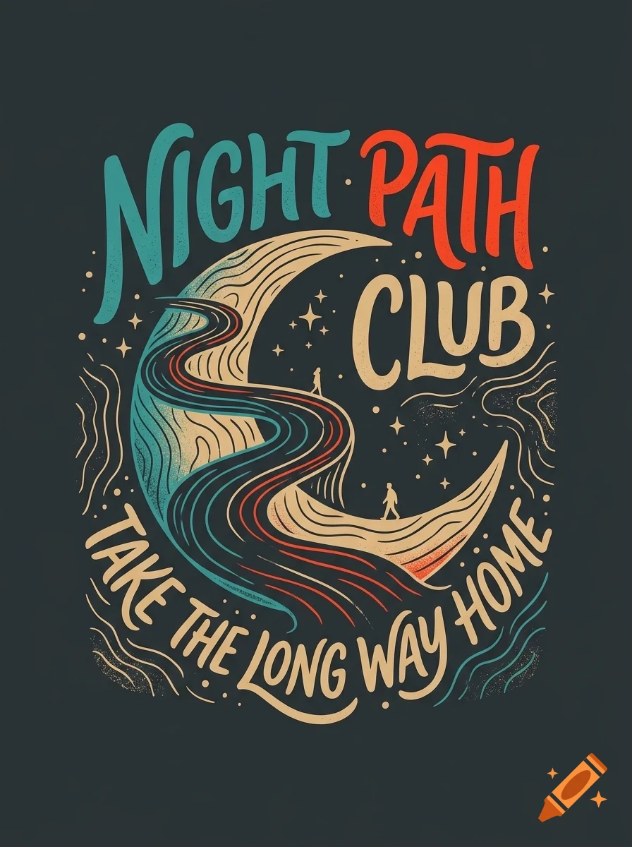 An illustrated graphic design featuring a crescent moon, winding path, stars, and lettering reading Night Path Club and Take the long way home.