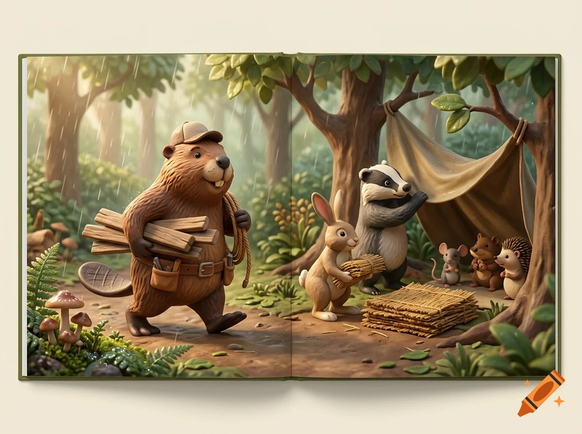 An illustrated children's book spread depicting anthropomorphic forest animals—a beaver carrying wood, a rabbit, a badger setting up a tent, a mouse, a bear cub, and a hedgehog—in a rainy woodland setting.