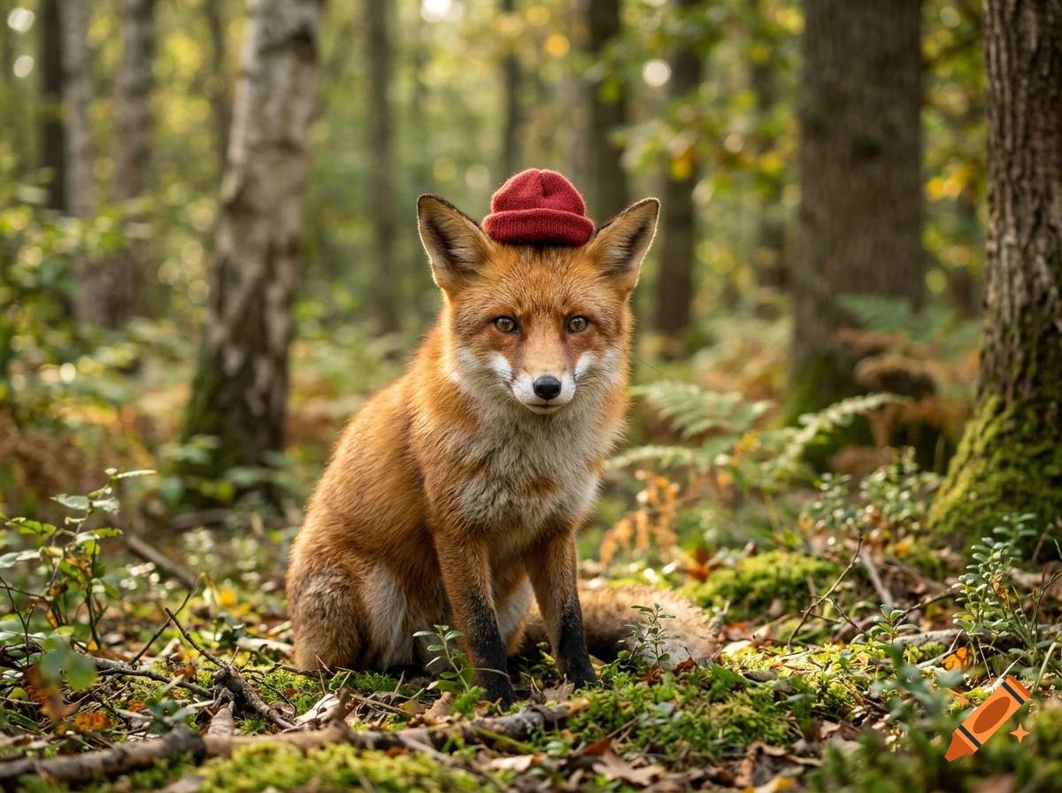 Photorealistic red fox sitting in a lush forest wearing a tiny red beanie.