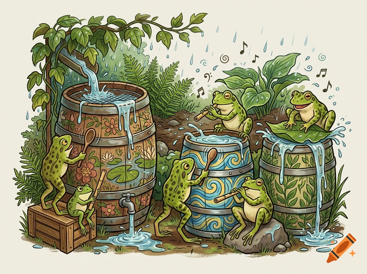 Several cartoon frogs playing musical instruments and beating on wooden rain barrels in a garden during a rain shower.
