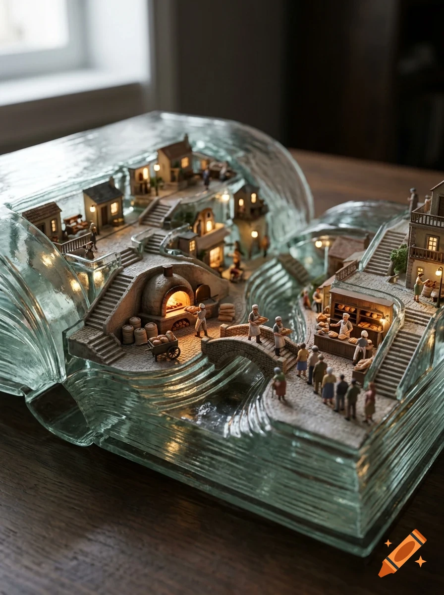 A detailed miniature village built into the pages of a hollowed-out glass book, featuring tiny buildings, shops, stairs, and miniature people.
