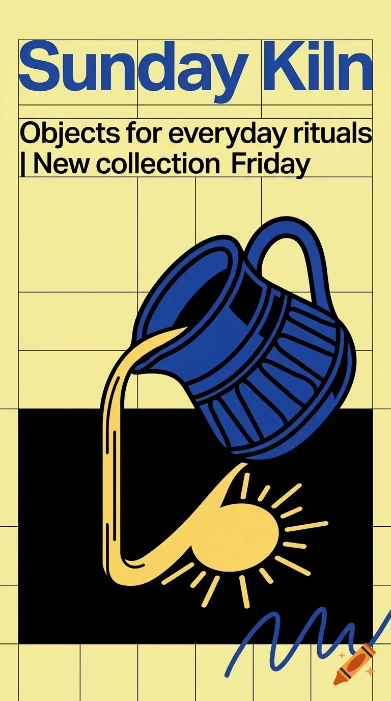 A poster with yellow grid background, blue lettering reading 'Sunday Kiln', and a blue pitcher pouring a yellow liquid.