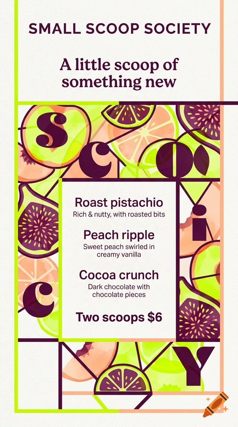 An ice cream menu poster titled Small Scoop Society featuring stylized fruit illustrations and flavor descriptions.