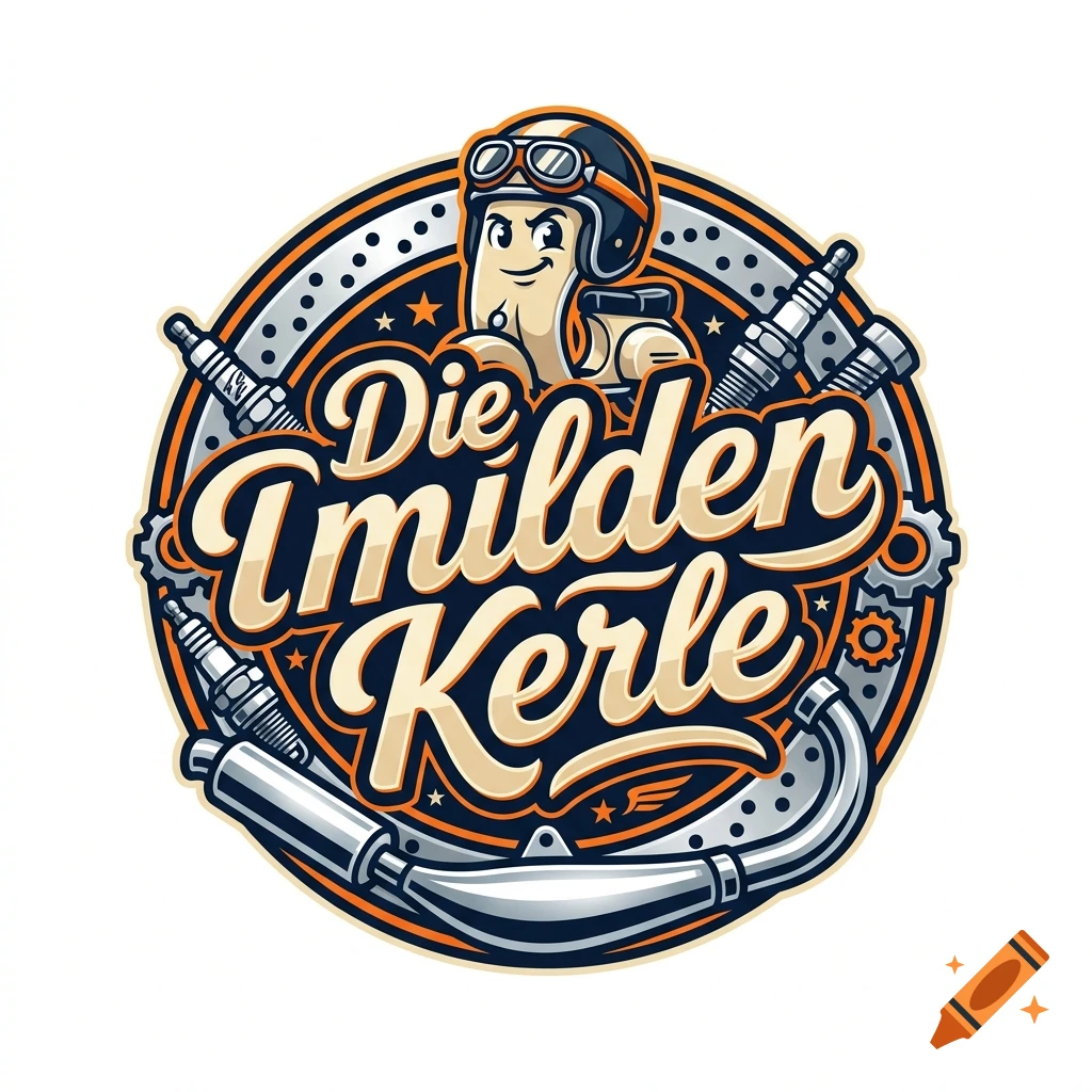 Round sticker logo for a scooter club with the text Die milden Kerle, featuring tuning parts and a helmet.