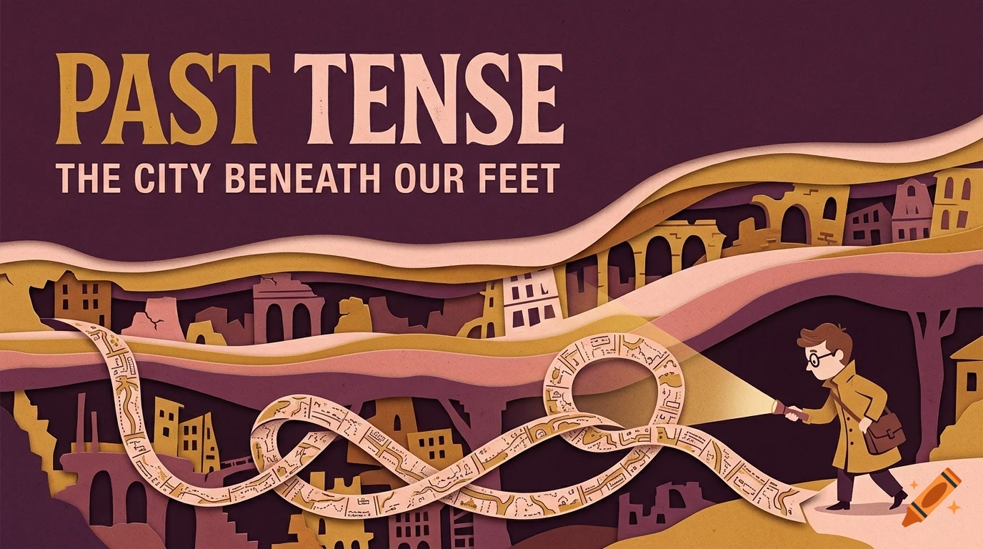 An illustration with layered paper cutouts showing a person shining a flashlight into an underground city, with the text PAST TENSE - THE CITY BENEATH OUR FEET.