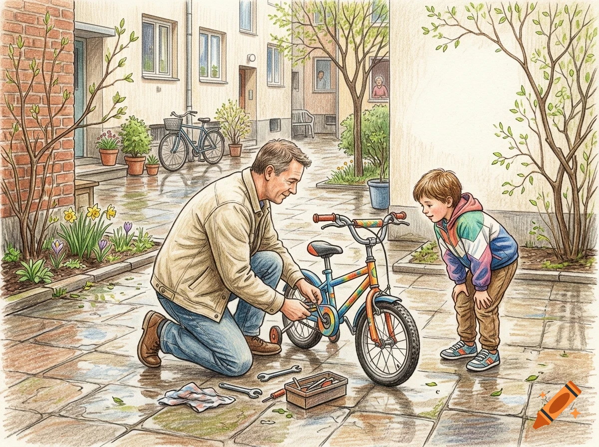 An adult man kneels on a paved courtyard to repair a small bicycle, while a young boy looks on.