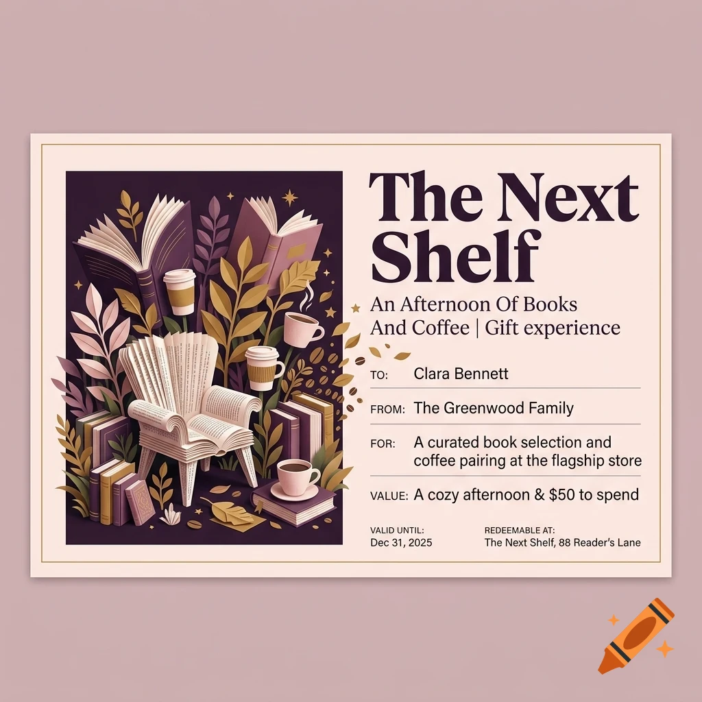 A gift voucher titled 'The Next Shelf' featuring an illustration of an armchair made of books, coffee cups, and foliage.