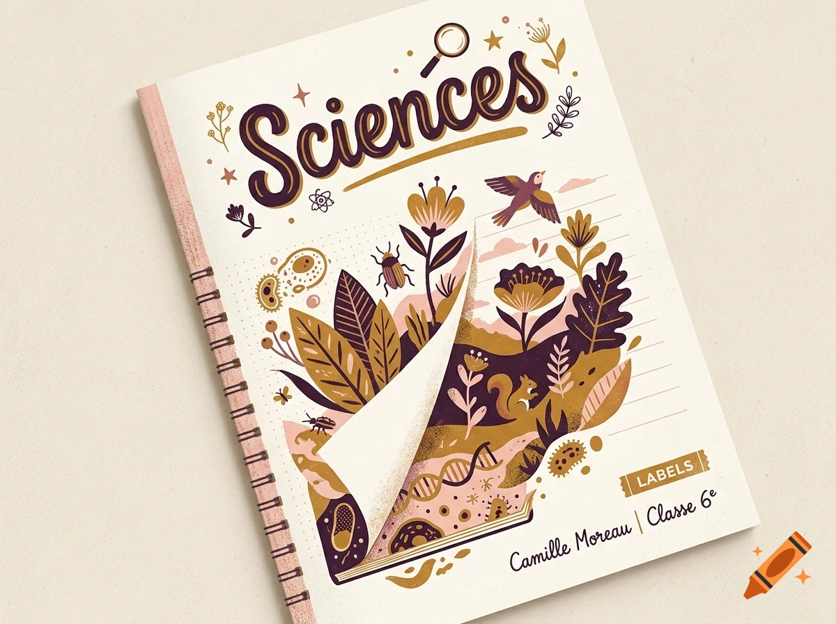 An illustrated notebook cover titled 'Sciences' featuring botanical, animal, and scientific elements in a stylized design.