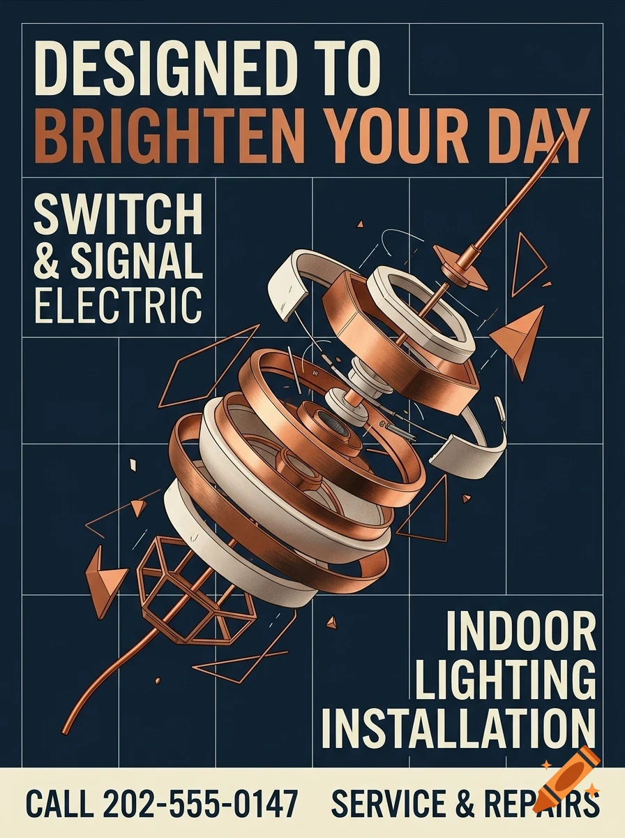 An advertisement for Switch & Signal Electric showing an exploded diagram of an electrical light fixture, with text reading DESIGNED TO BRIGHTEN YOUR DAY and INDOOR LIGHTING INSTALLATION.