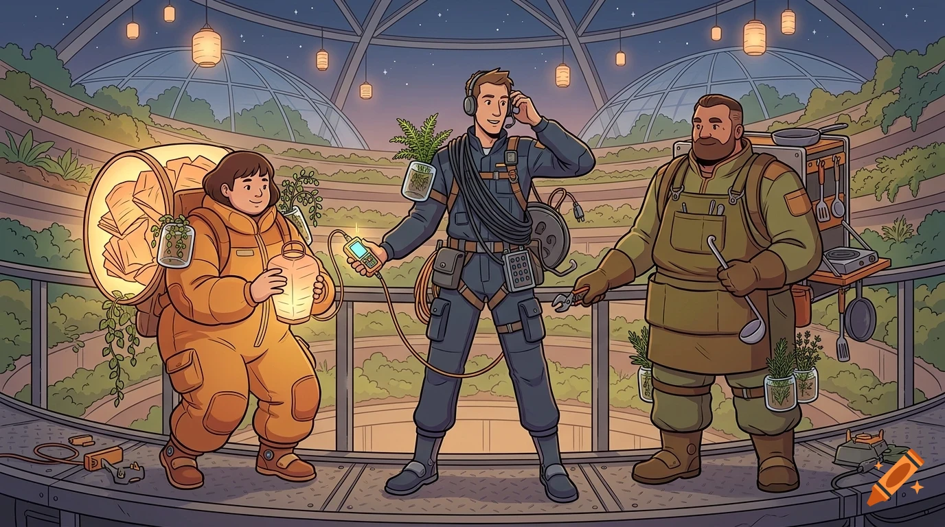 Illustration of three futuristic characters inside a massive glass dome structure, surrounded by tiered plant cultivation.