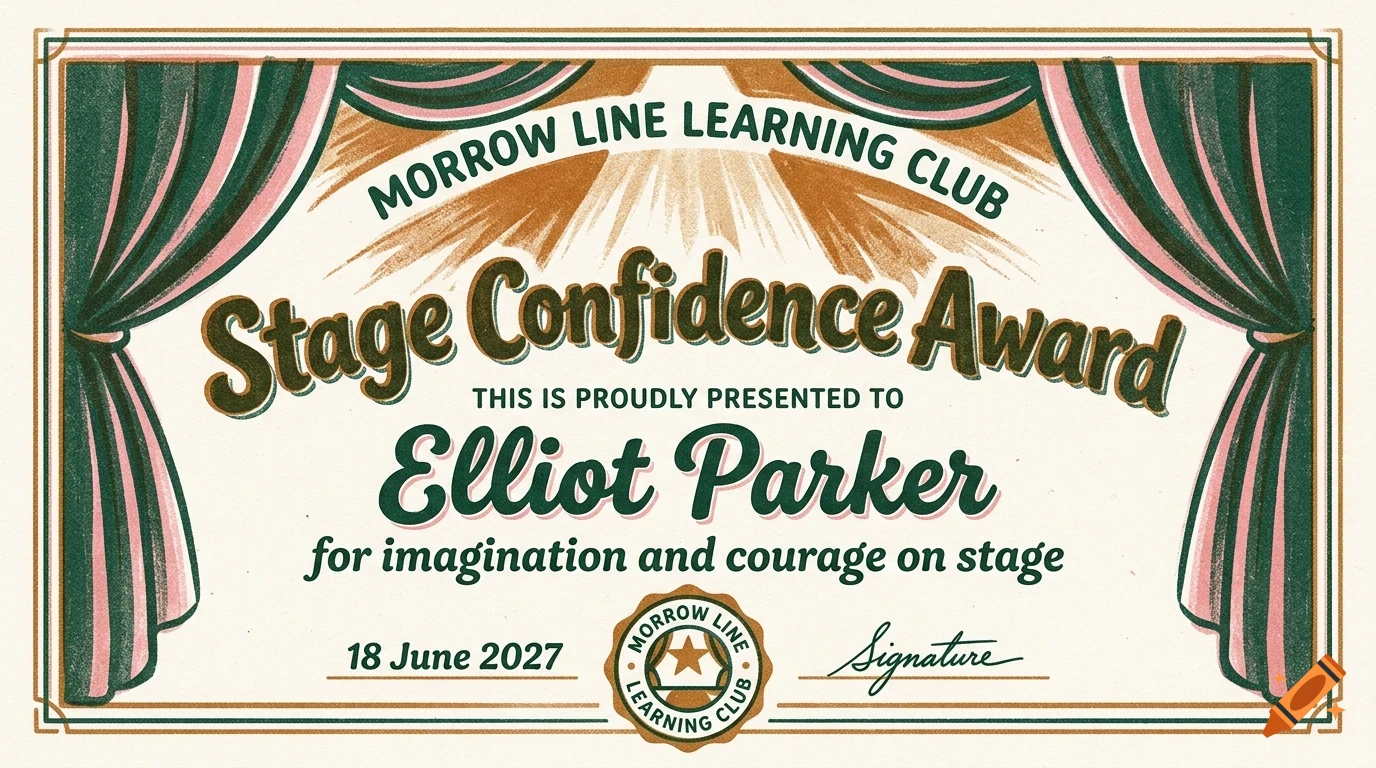 An illustrated certificate titled Stage Confidence Award framed by stage curtains.