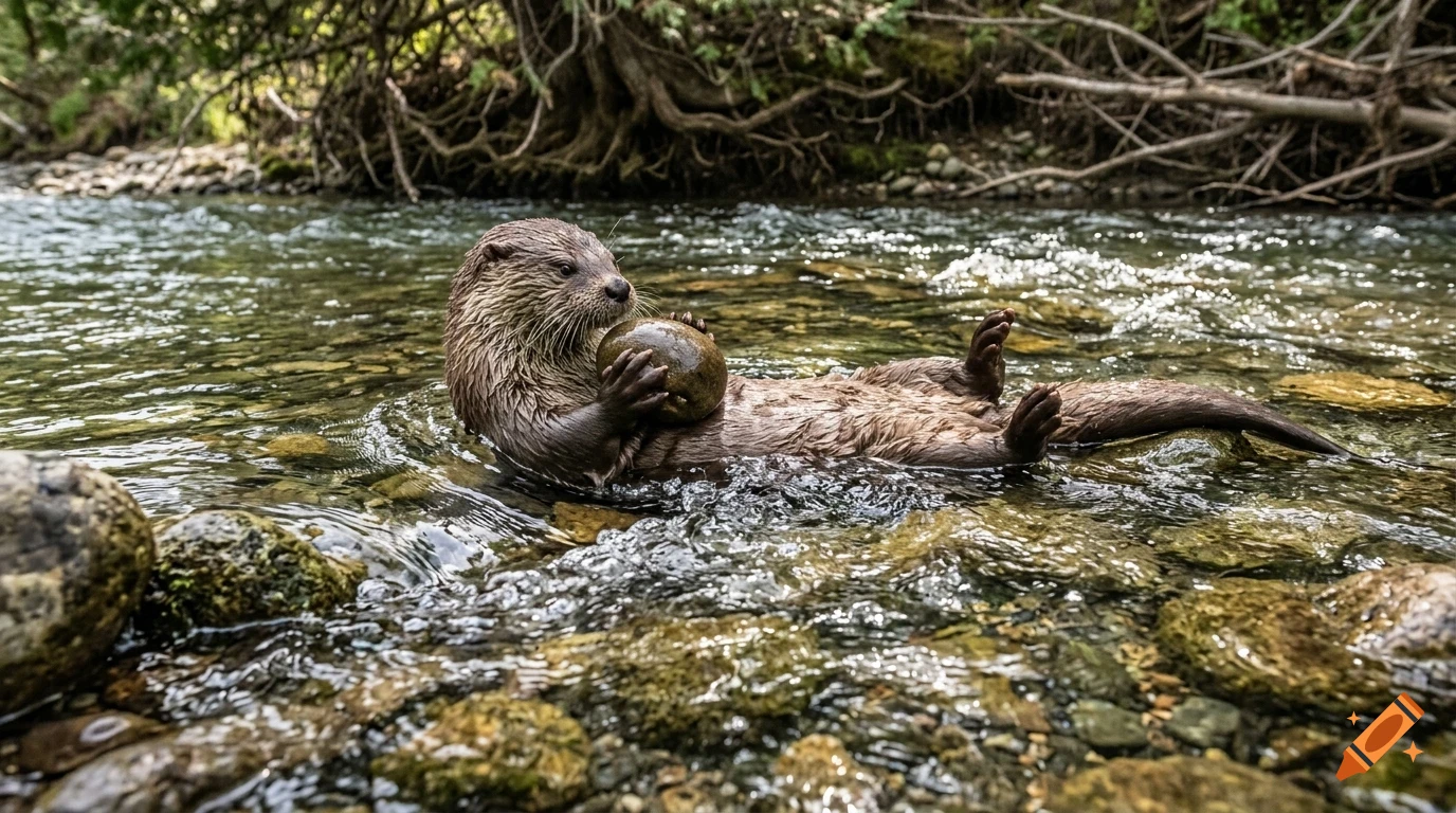 An otter floats on its back in a shallow river, holding a round stone.
