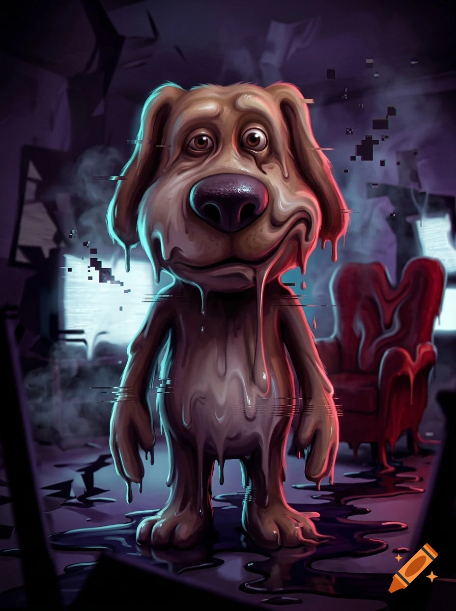 Distorted and melting brown cartoon dog standing in a dark, glitchy room with a red chair.