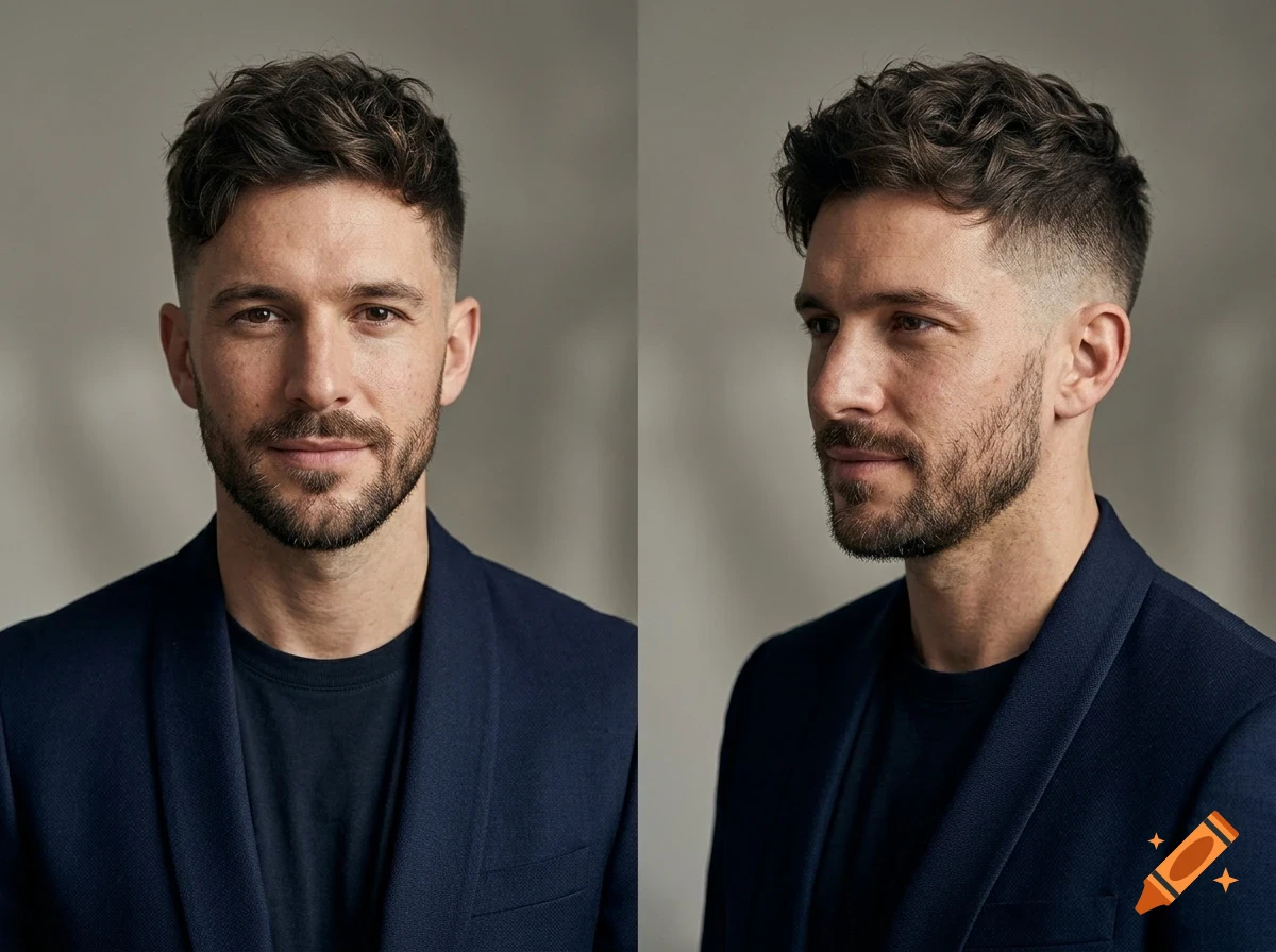 Front and side portraits of a man with short brown hair, a beard, and a blue blazer.