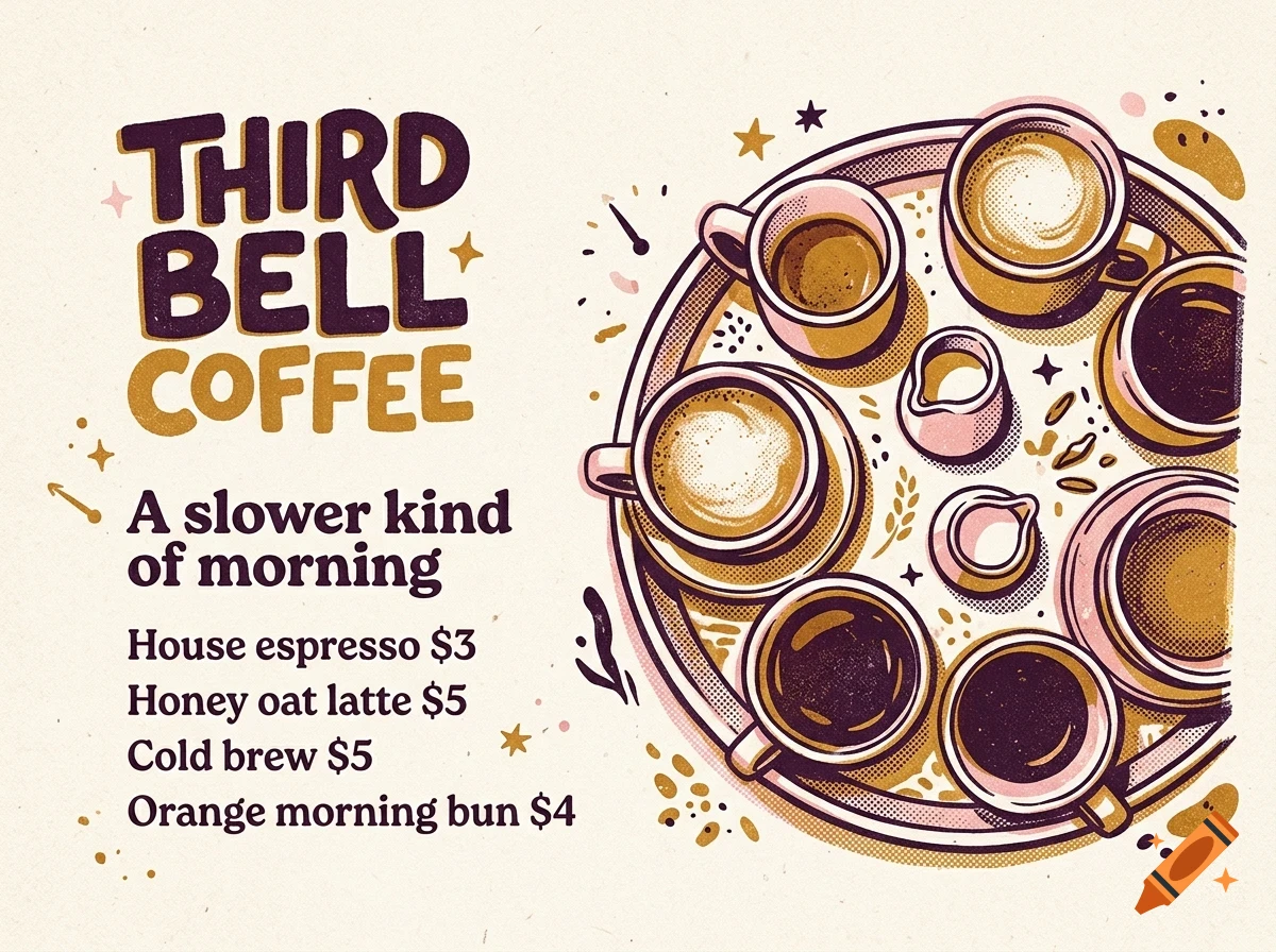 An illustration of a coffee shop menu with lettering for Third Bell Coffee and cups of coffee on a tray.