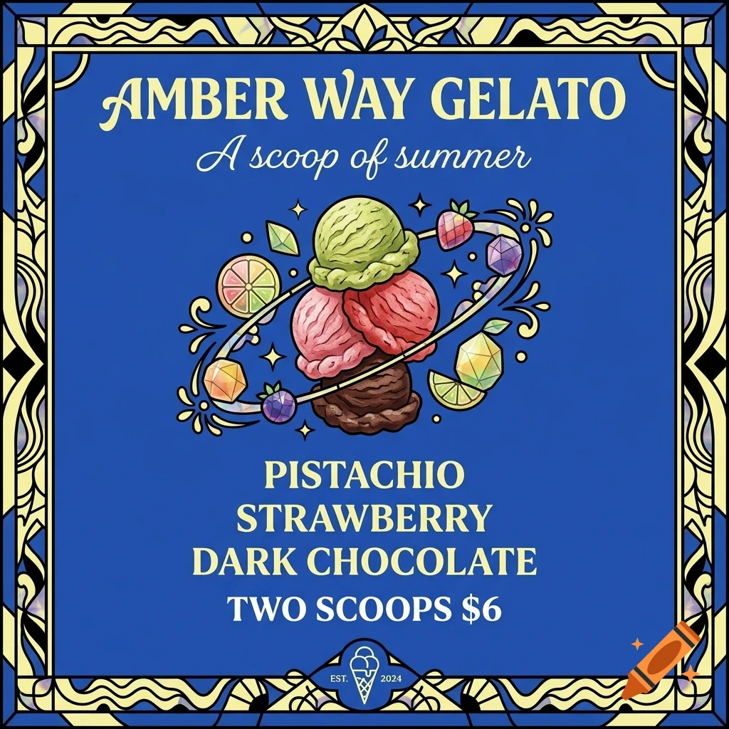 An illustration of gelato scoops with text Amber Way Gelato and flavor options on a blue background within a decorative frame.