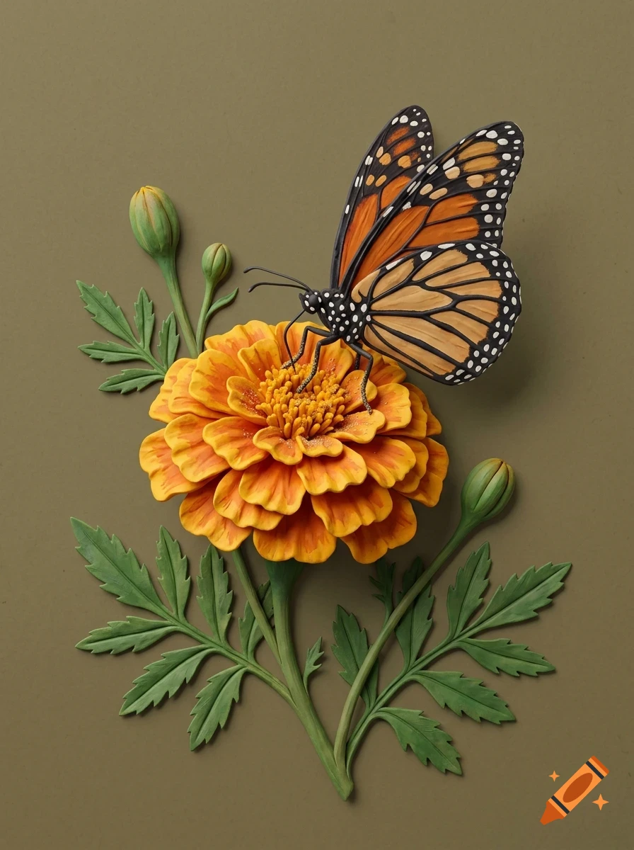 A 3D papercraft or clay relief sculpture of a monarch butterfly resting on a bright orange marigold flower with green leaves against an olive green background.