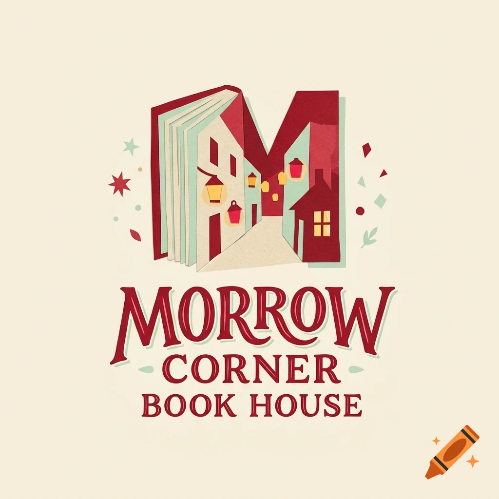 An illustration of a book shaped like the letter M, forming a street scene with buildings and lanterns, with the text Morrow Corner Book House below.