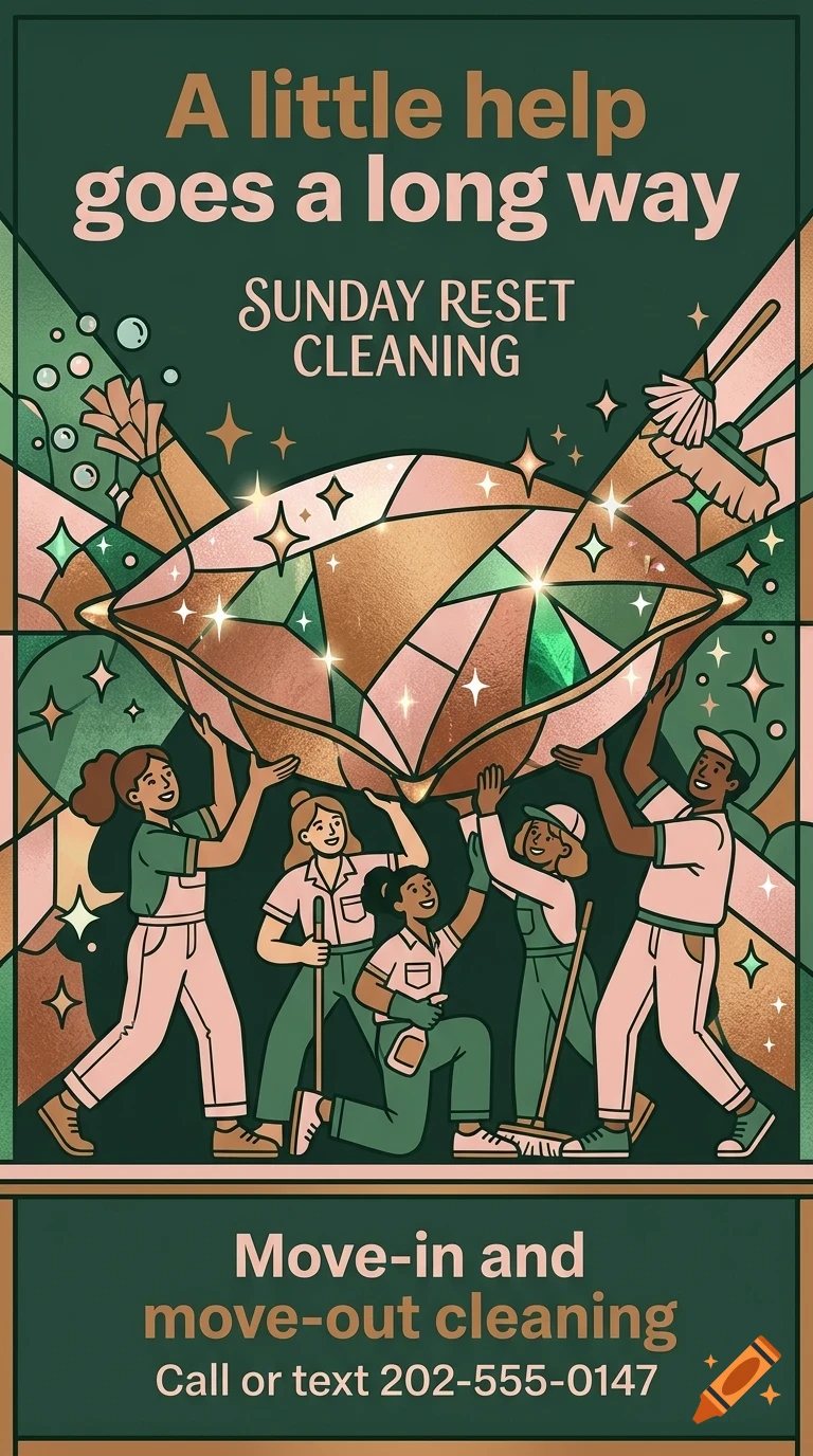 An illustrated poster for Sunday Reset Cleaning featuring people lifting a large sparkling gem and cleaning tools, with text reading A little help goes a long way.