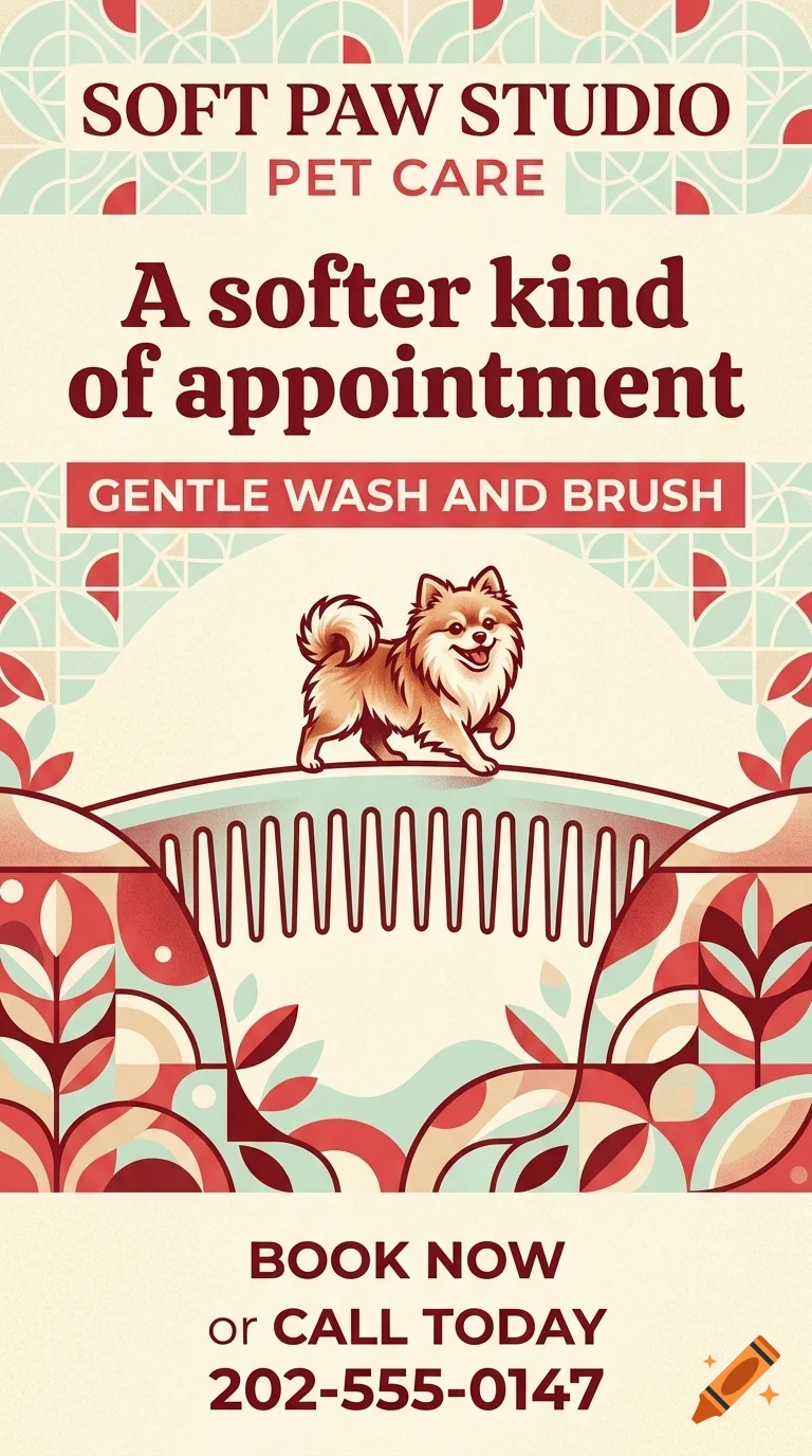 An advertisement for Soft Paw Studio Pet Care featuring a small fluffy dog walking on a large comb and patterned graphics in red and teal.