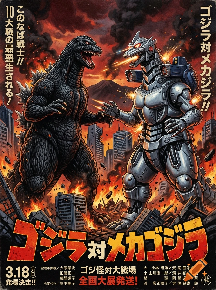 Vintage Japanese movie poster depicting a battle between Godzilla and Mechagodzilla amid a burning city.