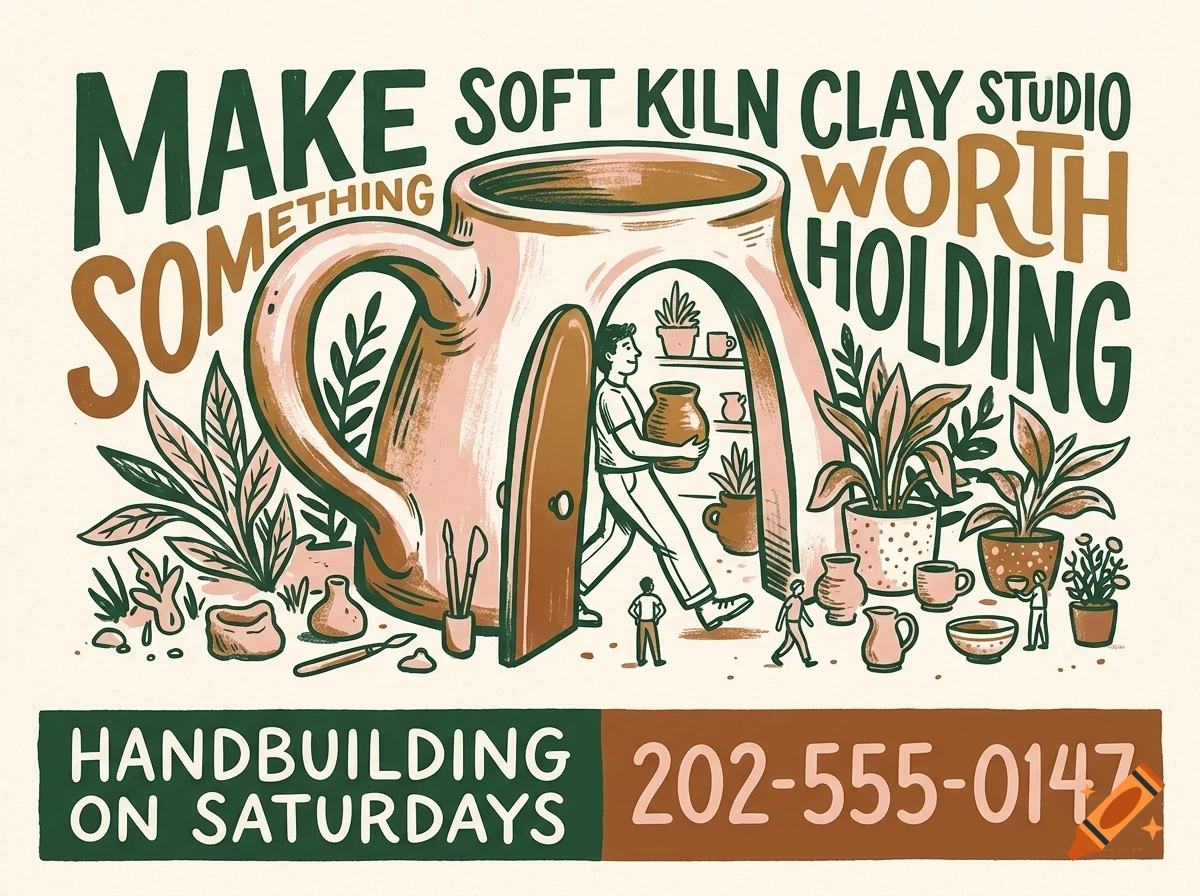 An illustrated advertisement for Soft Kiln Clay Studio featuring a large mug-shaped workshop housing a person, surrounded by pottery and plants, with text including "Make something worth holding" and a phone number.