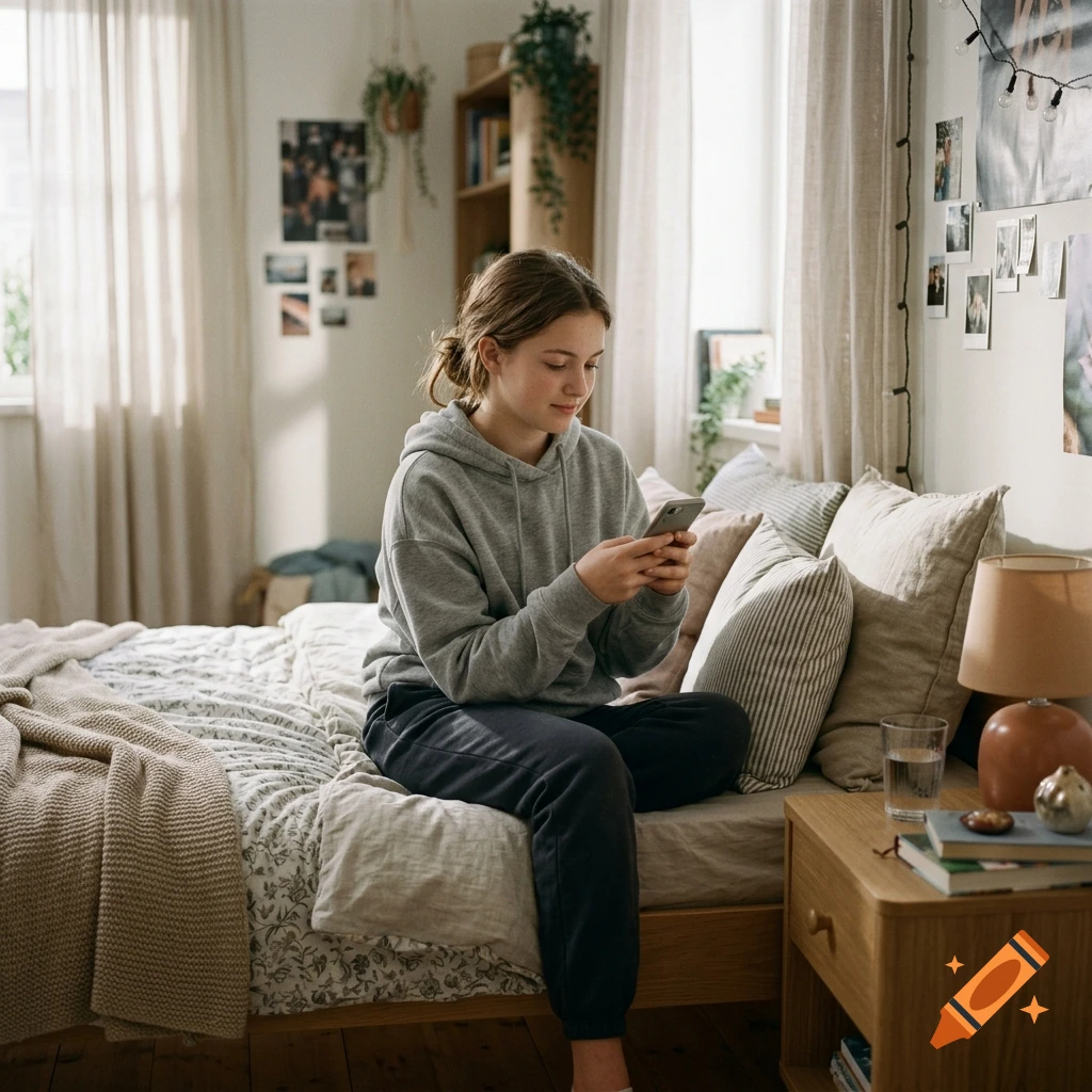 Photorealistic image of a teenage girl sitting on a bed in a cozy bedroom while looking at her smartphone.