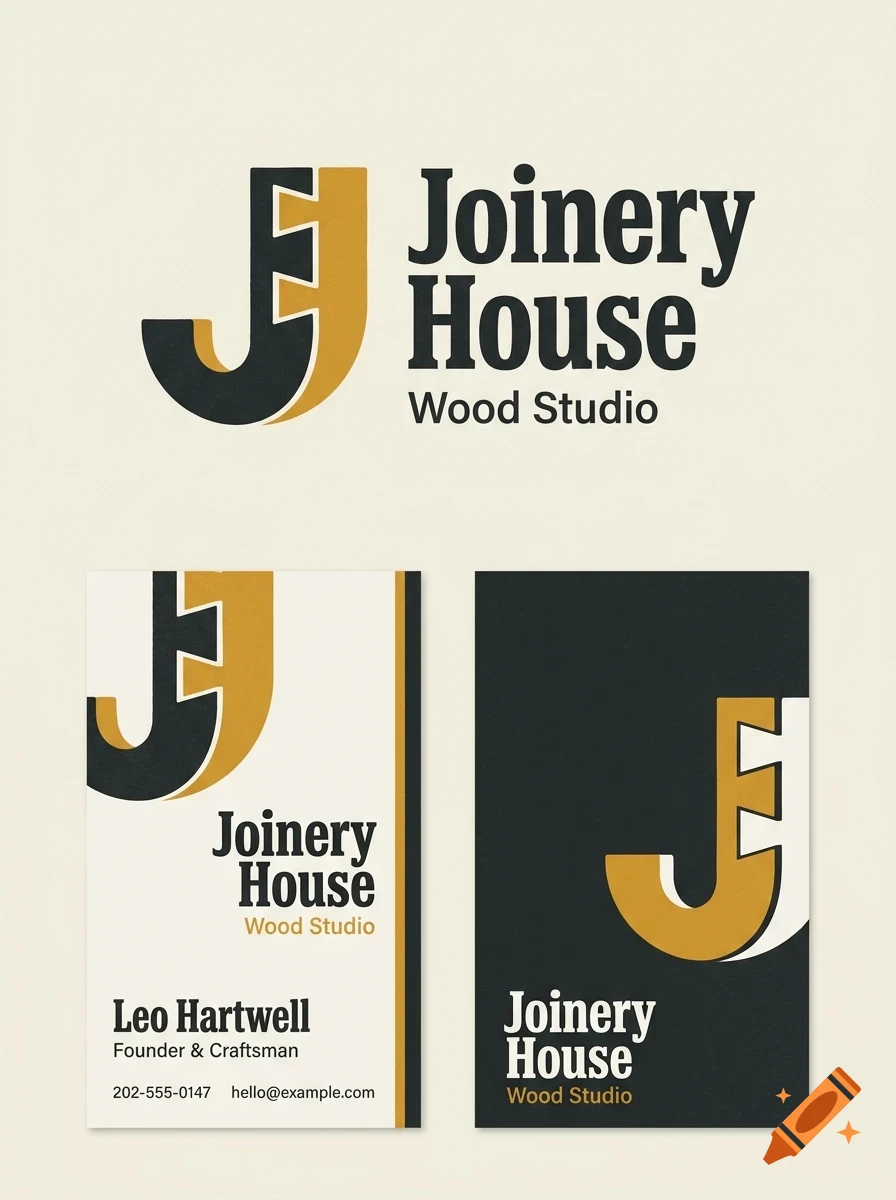 Branding design for Joinery House Wood Studio showing a interlocking letter J logo and business cards with contact information.