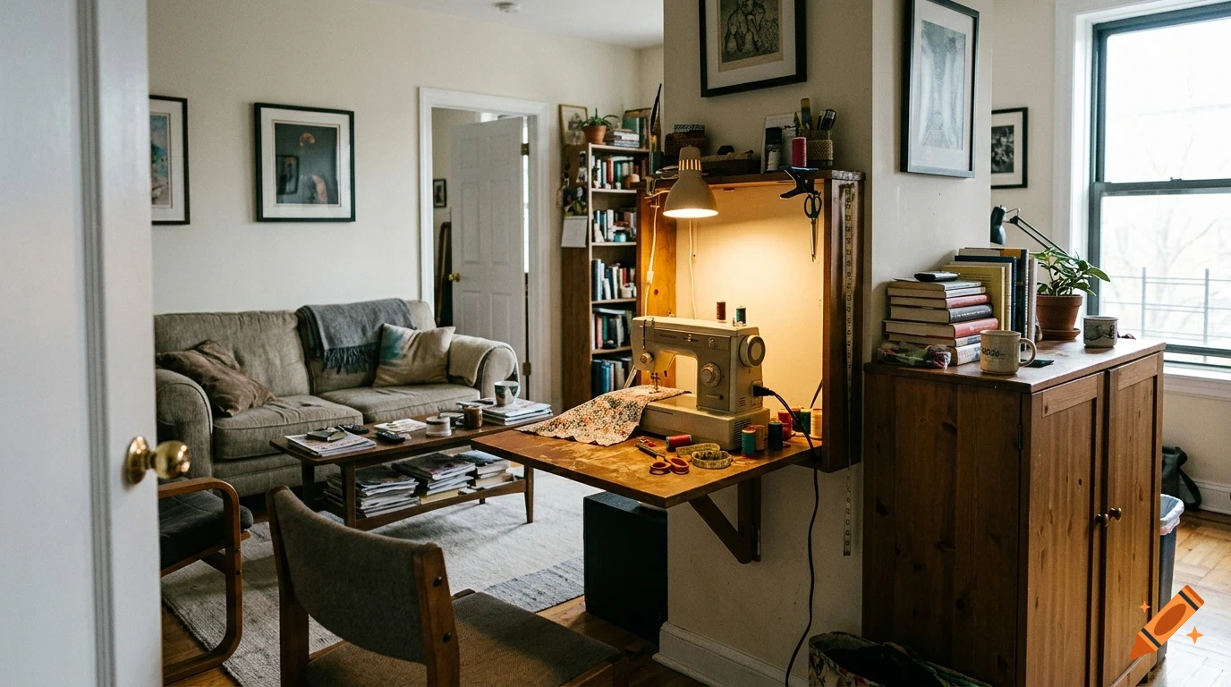 An apartment interior featuring a living area with a sofa, coffee table, and a built-in folding desk with a sewing machine.