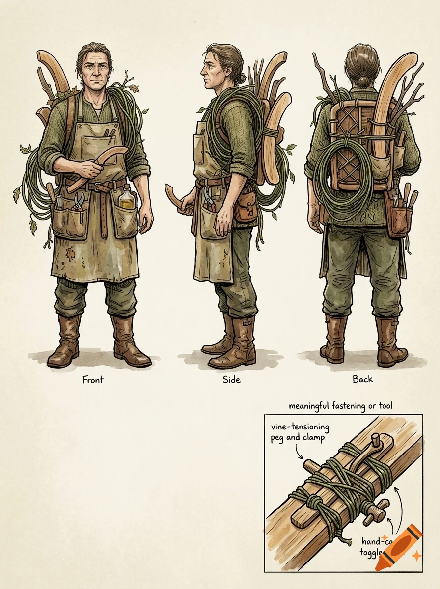 Character design sheet showing front, side, and back views of a person in an apron with tools and vines, plus a detail inset.