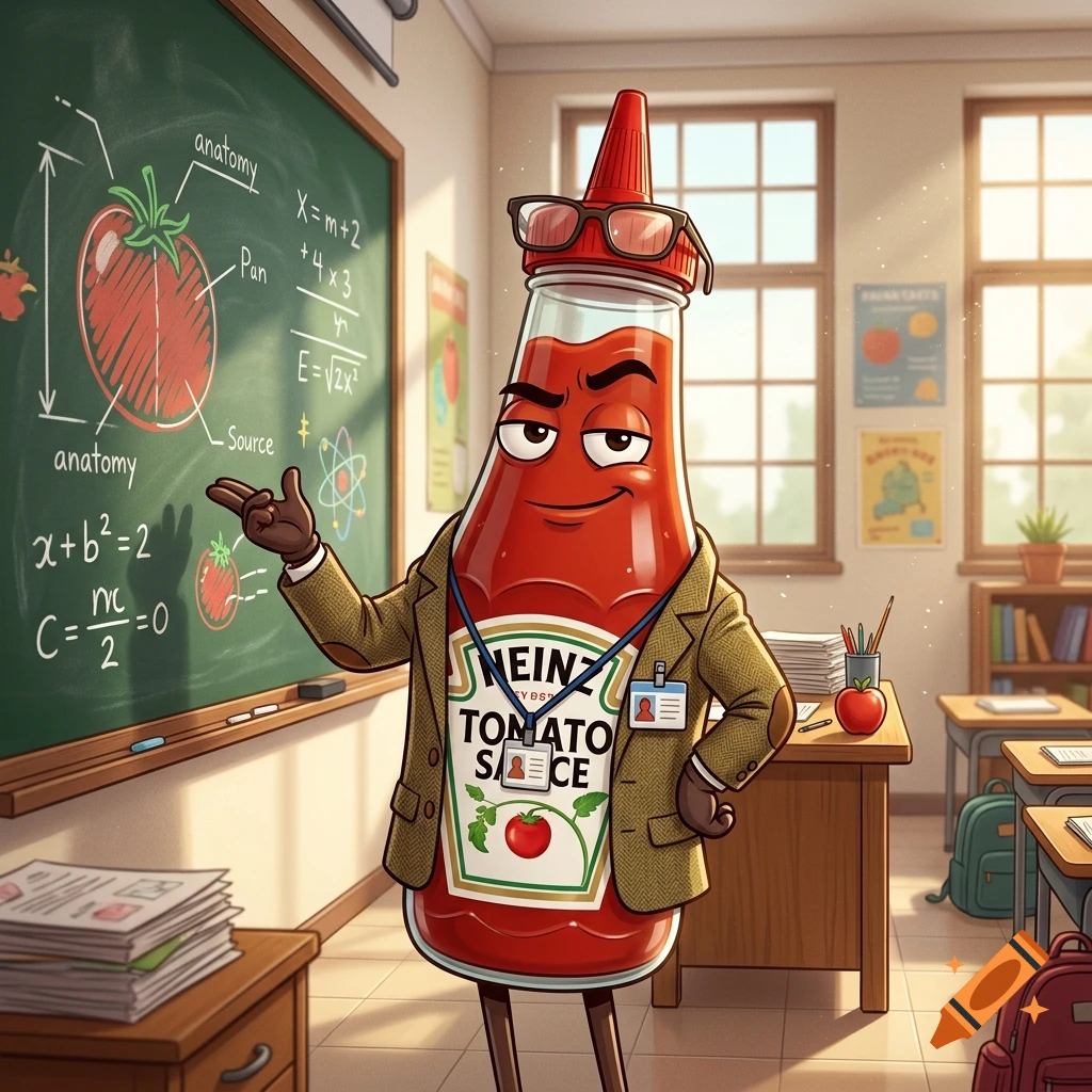 An anthropomorphic ketchup bottle wearing glasses and a tweed jacket, posing in front of a classroom chalkboard, digital illustration.