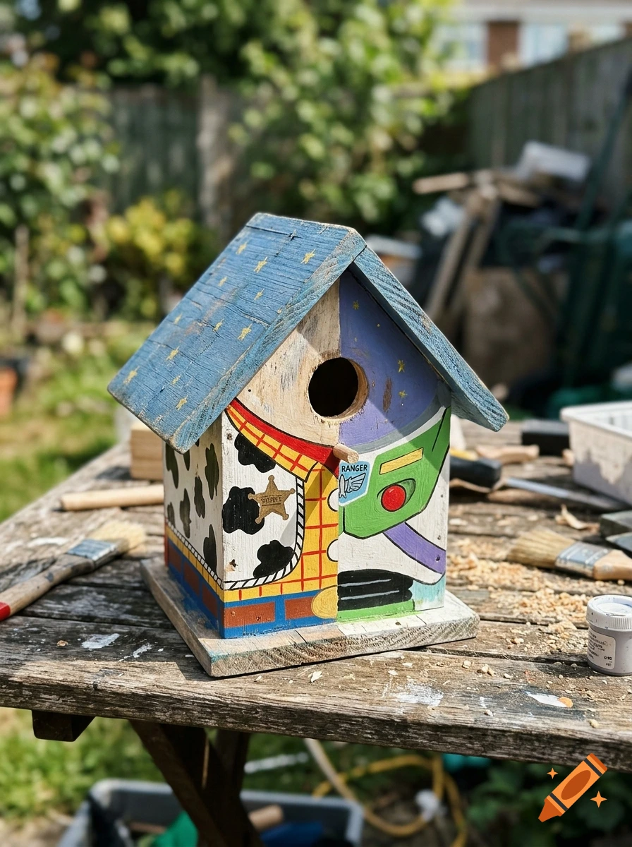 Handmade wooden birdhouse painted with Toy Story Woody and Buzz Lightyear themes sitting on a workshop table.