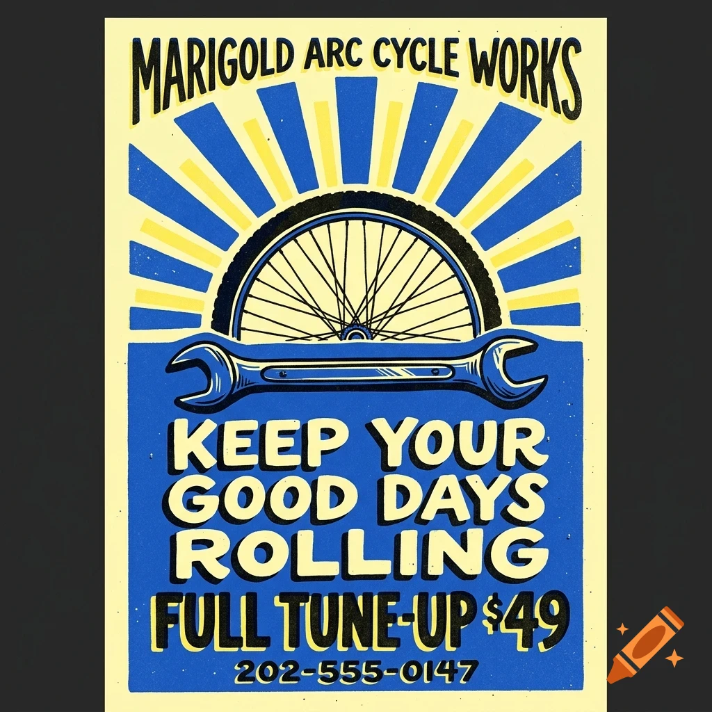 A poster for Marigold Arc Cycle Works featuring a bicycle wheel, a wrench, and text reading Keep your good days rolling.