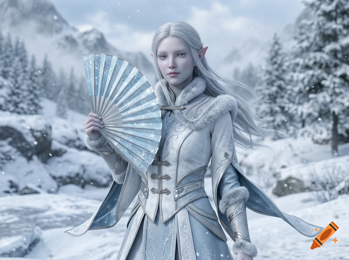 Photorealistic portrait of a snow elf holding an ornate blue and white folding fan in a snowy mountainous landscape.
