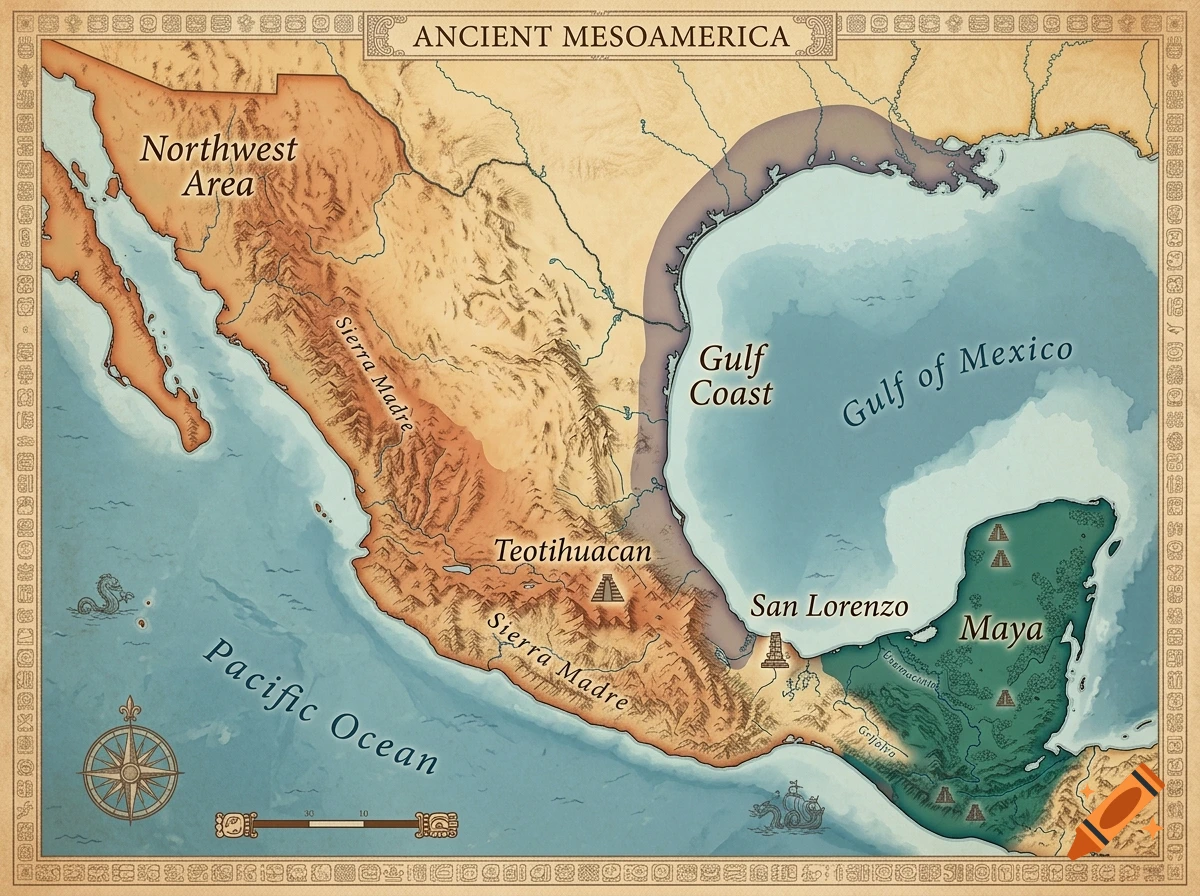 An antique-style illustrated map of ancient Mesoamerica showing regions like Northwest Area, Gulf Coast, Teotihuacan, and Maya.