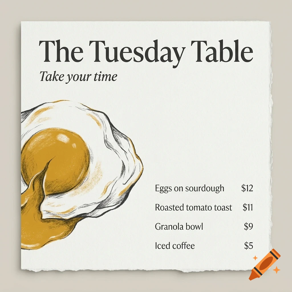 An illustration of a fried egg with a running yolk and menu text titled The Tuesday Table.