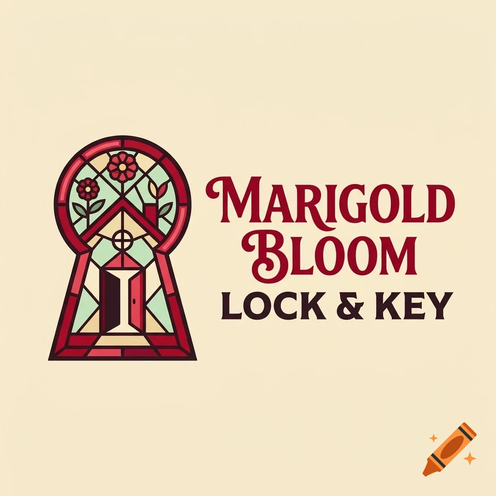 A stained glass style keyhole graphic containing a house and flowers next to the text Marigold Bloom Lock & Key.