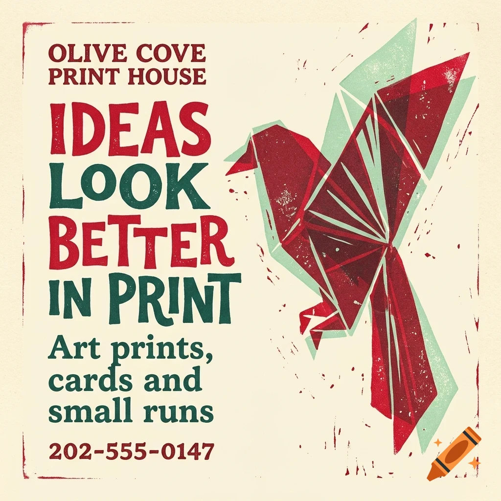 An artistic print featuring a stylized red and green origami bird alongside typography reading 'OLIVE COVE PRINT HOUSE IDEAS LOOK BETTER IN PRINT'.