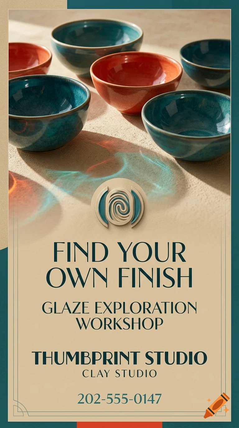An advertisement for Thumbprint Studio featuring handmade ceramic bowls in blue and orange glaze, with the text Find your own finish and Glaze exploration workshop.