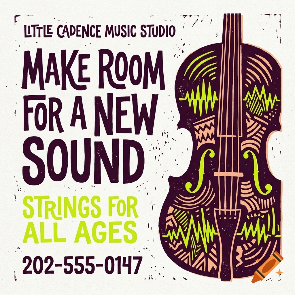 An illustrated poster for Little Cadence Music Studio featuring a patterned cello and the text Make room for a new sound.