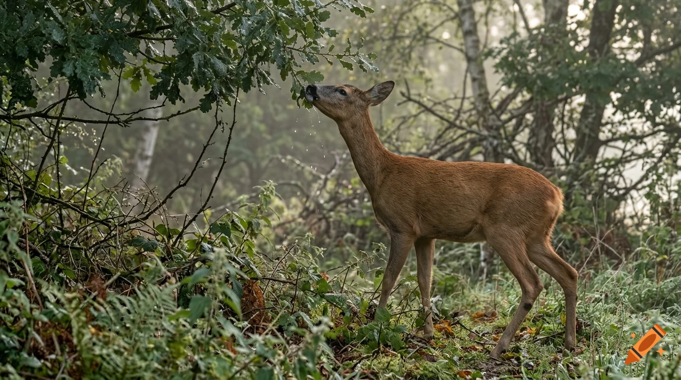 A deer stands in a forest, reaching up to eat leaves from a tree branch.