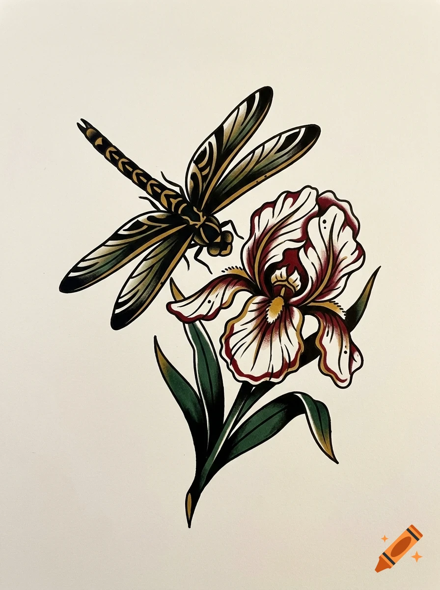 An illustrated dragonfly hovering above a flowering iris with green leaves.