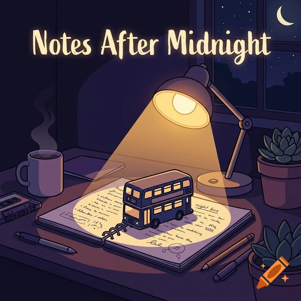 An illustrated nighttime desk scene with a desk lamp illuminating an open notebook, a toy double-decker bus, a mug, and plants, with text reading Notes After Midnight.