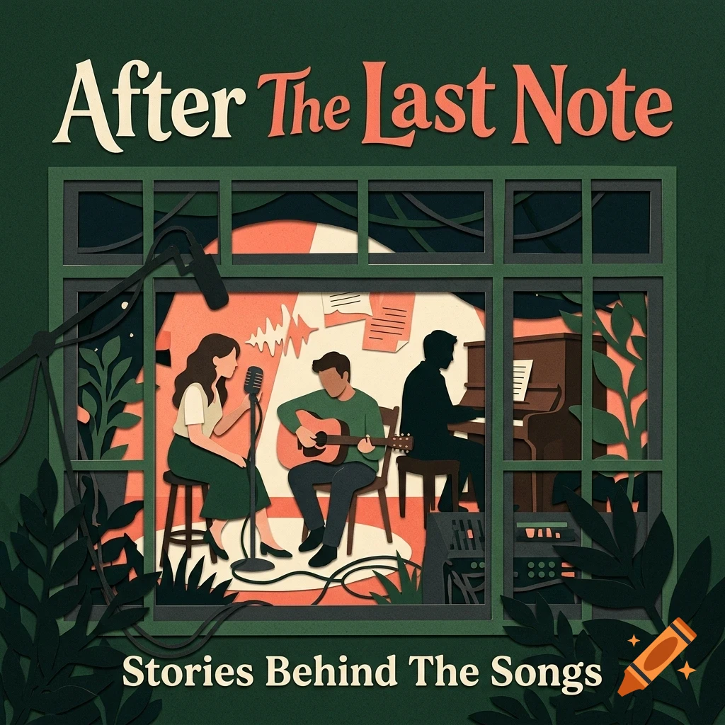 An illustration showing three people performing music in a studio seen through a window, with the text 'After The Last Note' at the top and 'Stories Behind The Songs' at the bottom.